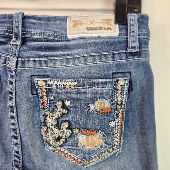 Grace In LA Blue Denim Jeans Distressed Raw Hem Embroidered Pockets Mid Rise 28 - Picture 6 of 7